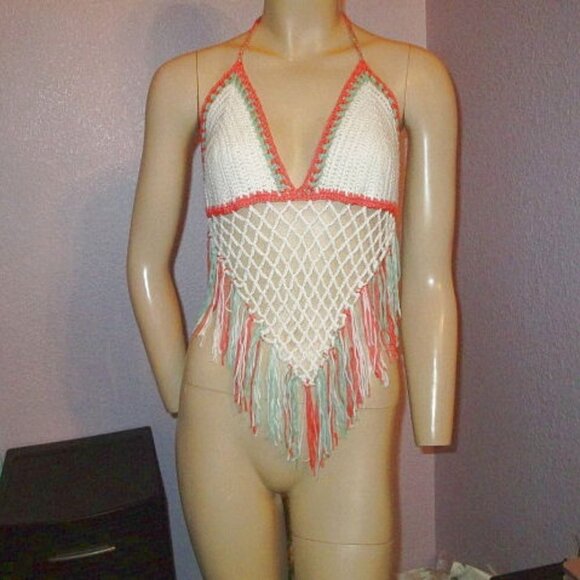 CROCHET Knit HALTER Tank TOP Free Size Backless FRINGE Hippie BOHO Festival - Picture 1 of 5